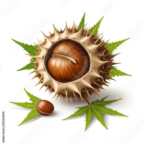 Opened sweet chestnut in its spiky husk isolated on a  white background, vector illustration.