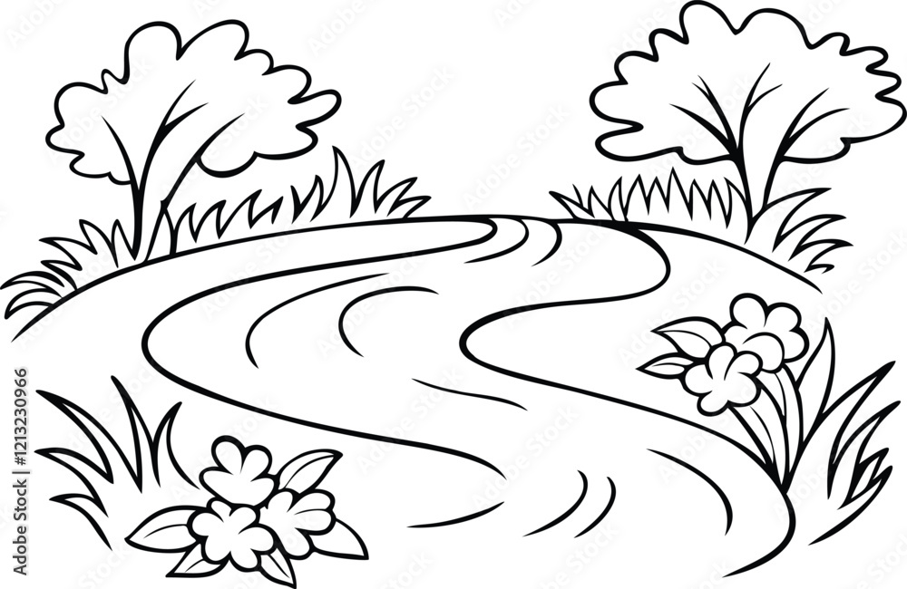Obraz premium Flowing River with Blooming Plants Line Art Vector Illustration for Book Design