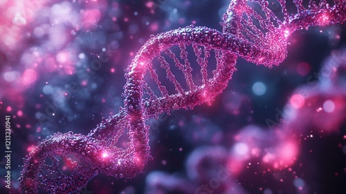 A close-up view of a chromosome with DNA strands spiraling and linked by protein markers. 214