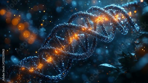 A close-up view of a chromosome with DNA strands spiraling and linked by protein markers. 216