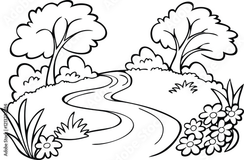 Flowing River with Blooming Plants Line Art Vector for Book Design