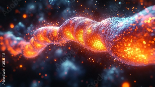 A futuristic digital display of chromosomal arrangement, showing genetic data and markers in vibrant colors. 229