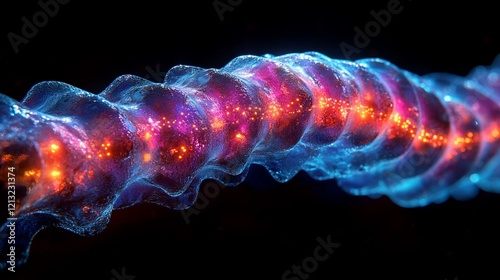 A colorful abstract design representing the chromosomal arrangement within a cell nucleus, highlighted with neon lights. 265