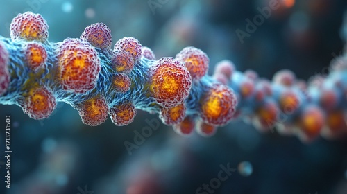 A layered, high-tech depiction of the chromosomal arrangement within a microscope view, emphasizing gene clustering. 280