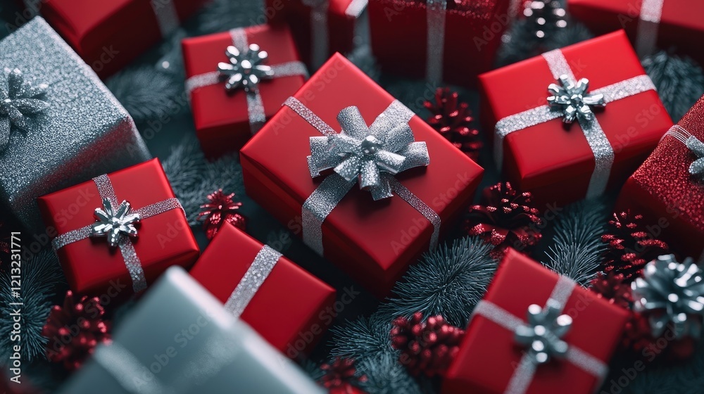 Red and silver Christmas gift boxes arranged festively Red and silver Christmas gift boxes arranged festively