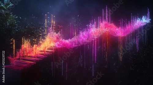 A 3D rendering of a complete genome map with color-coded gene markers and DNA sequence analysis. 308