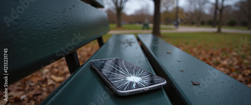 Broken smartphone resting on a park bench surrounded by fallen leaves, reflecting a sense of loss and disconnection in a natural setting