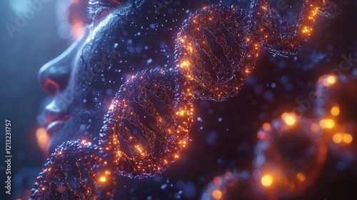 A futuristic digital genome display, with flowing data streams representing genetic information and mutations. 311