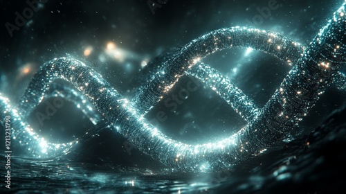 A futuristic digital genome display, with flowing data streams representing genetic information and mutations. 312