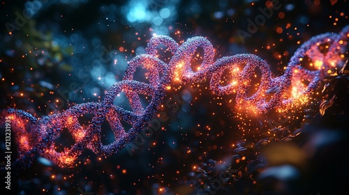 A futuristic genome sequence analysis, displaying individual gene structures with animations of DNA replication. 337 photo