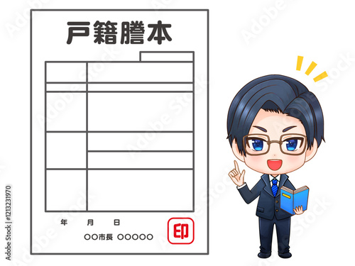 戸籍謄本の説明をするちびキャラサラリーマンのイラスト素材
