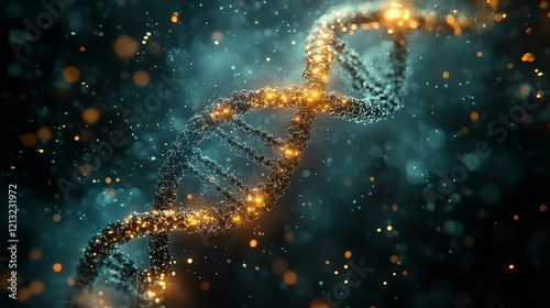 A visualization of an entire genome being sequenced, with a digital representation of base pairs and nucleotide arrangements. 349