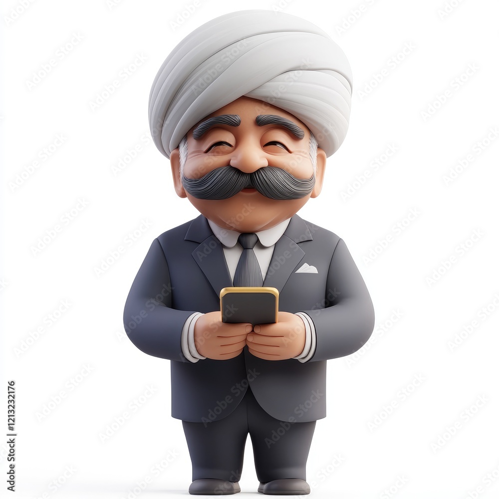Elderly Indian man with turban and mustache smiling and using smartphone on white background Elderly Indian man with turban and mustache smiling and using smartphone on white background