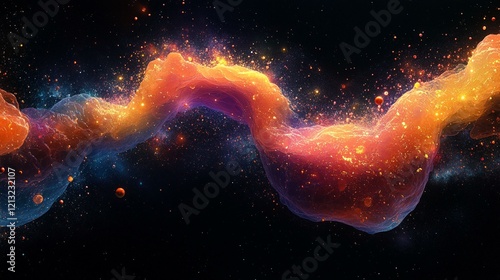 An artistic, abstract genome visualization with floating DNA strands and colorful genetic information flowing. 357
