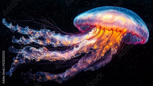 A glowing jellyfish with bioluminescent tentacles floating in dark ocean waters. 402