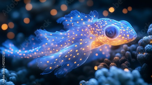 A deep-sea creature with radiant bioluminescent patterns, shining brightly in the dark abyss. 411 photo