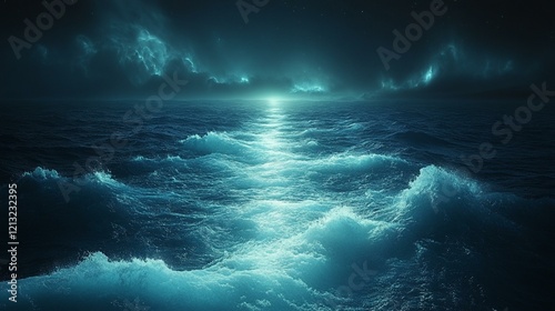 A glowing plankton bloom lighting up the surface of a dark ocean at night. 415 photo