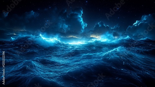 A glowing plankton bloom lighting up the surface of a dark ocean at night. 414