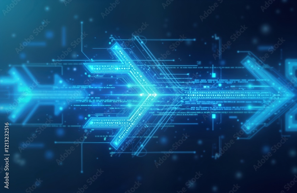Obraz premium Abstract tech illustration with blue glowing arrows, code elements. Dynamic graphic highlights data transfer digital marketing trends. Futuristic tech concept shows progression, growth. Suitable for