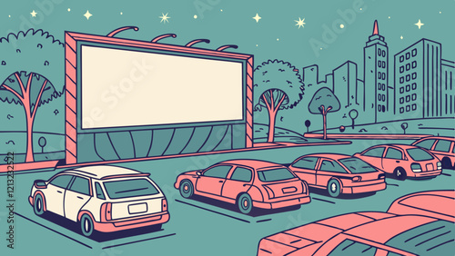 Drive-in cinema with cars in a summer night city, glowing screen, and urban film festival.