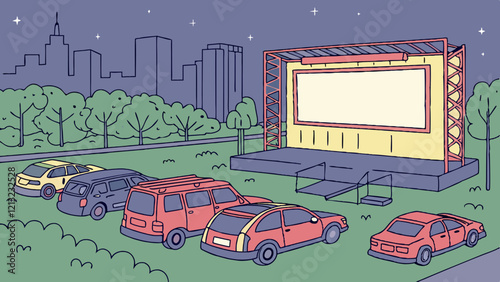 Drive-in cinema with cars in a summer night city, glowing screen, and urban film festival.