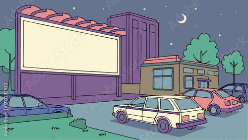 Drive-in cinema with cars in a summer night city, glowing screen, and urban film festival.