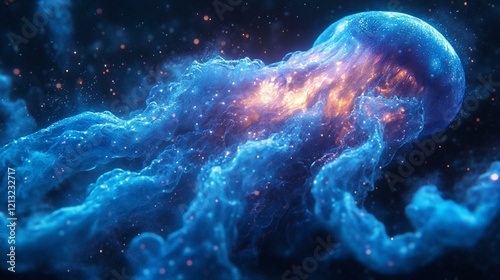 A glowing underwater plant with radiant blue and green light, surrounded by small bioluminescent organisms. 484