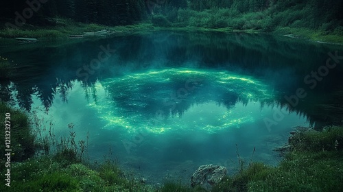 A bioluminescent organism floating in the deep ocean, with glowing tendrils illuminating the dark waters. 485