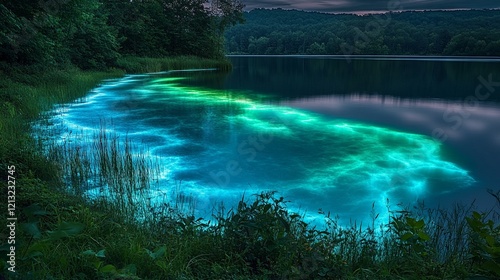 A bioluminescent organism floating in the deep ocean, with glowing tendrils illuminating the dark waters. 487