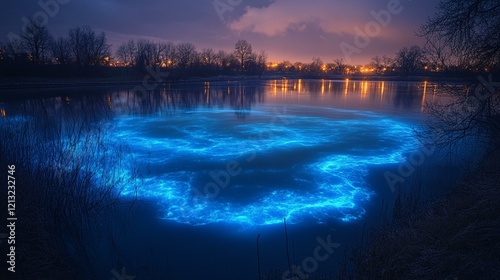 A bioluminescent organism floating in the deep ocean, with glowing tendrils illuminating the dark waters. 488