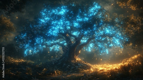 A glowing, bioluminescent waterfall cascading down rocks at night, shimmering in bright light. 494