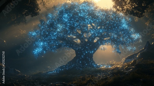 A glowing, bioluminescent waterfall cascading down rocks at night, shimmering in bright light. 493