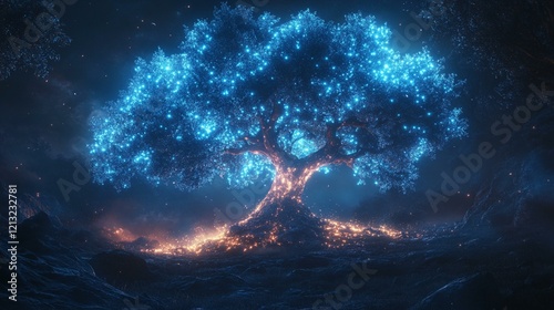 A glowing, bioluminescent waterfall cascading down rocks at night, shimmering in bright light. 496