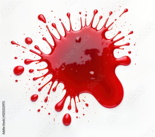 Red liquid spills, splatters on white background. Messy but visually appealing spread of red liquid creates dynamic pattern. Top view. Possible usages include food illustration for recipe books as photo