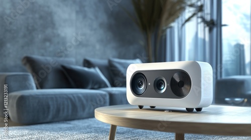 A modern white projector device on a wooden table with a grey sofa in the background