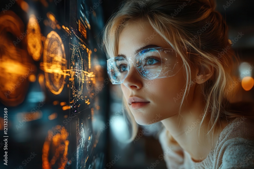 modern workspace with female aerospace engineer analyzing 3d holographic aircraft projections surrounded by curved digital displays modern workspace with female aerospace engineer analyzing 3d holographic aircraft projections surrounded by curved digital displays