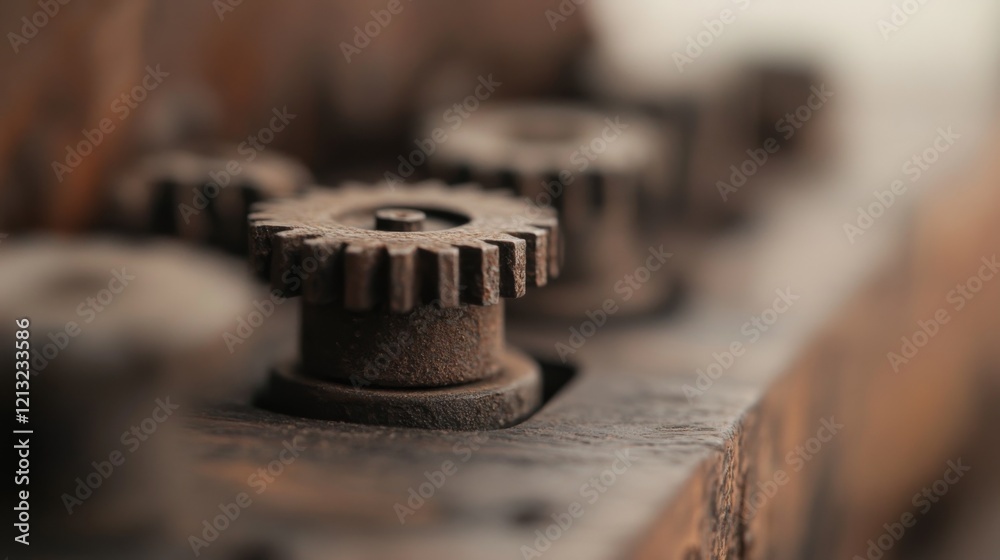 Close-up of rusty, old gears on a weathered machine. Close-up of rusty, old gears on a weathered machine.