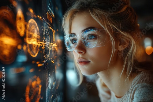modern workspace with female aerospace engineer analyzing 3d holographic aircraft projections surrounded by curved digital displays