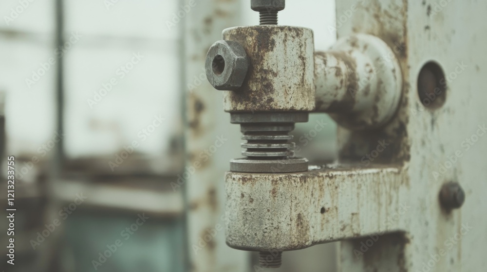 Close-up of rusty, weathered industrial machine part with bolts and springs. Close-up of rusty, weathered industrial machine part with bolts and springs.
