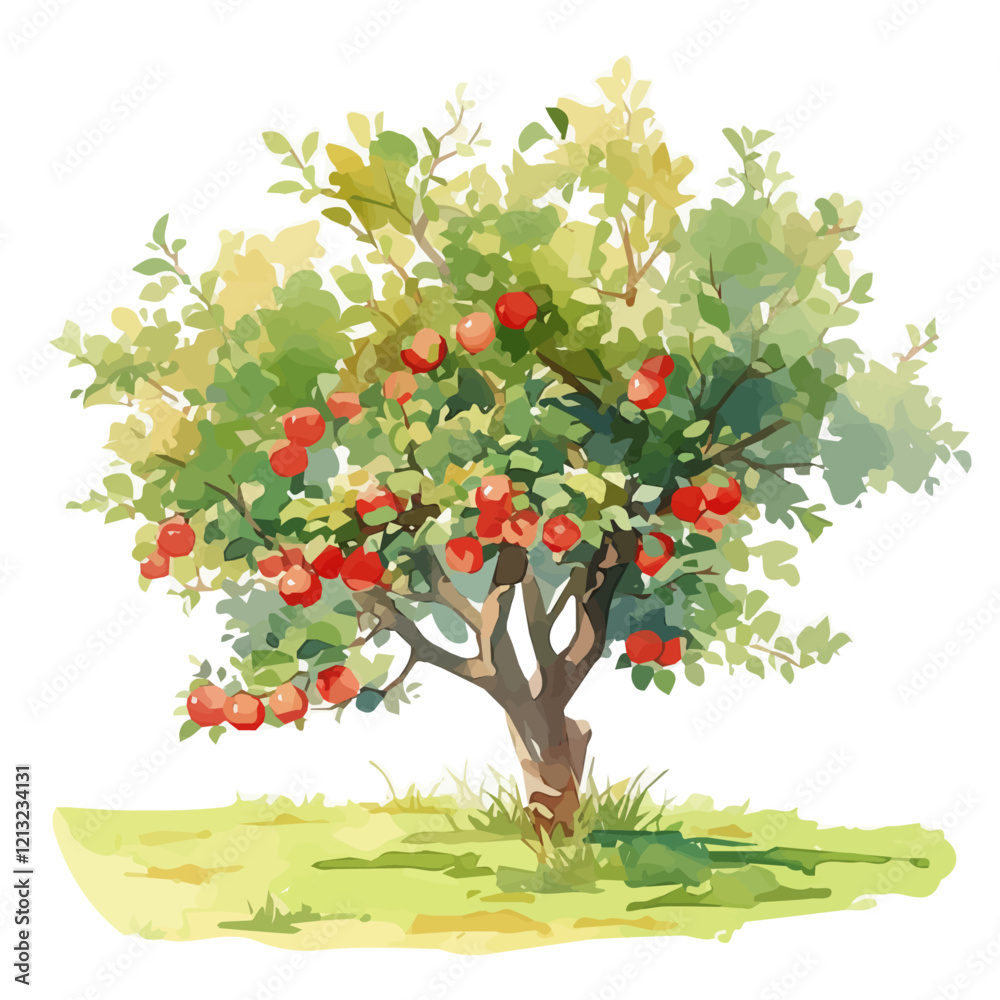 Fototapeta premium Malay Apple Tree with Fruit – Lush Watercolor Vector Illustration for Artistic Designs 