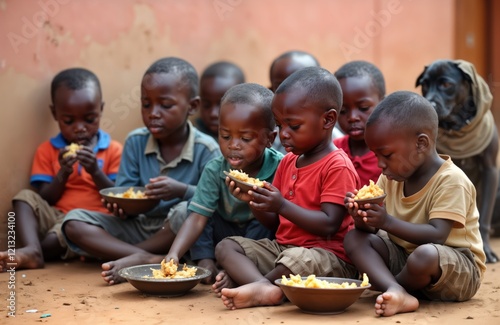 Many young African children sit outdoors, eat. Eating food from bowls. Children serious look on faces. Young children sit on ground, eat. Children eating food from bowls. African kids eat food in