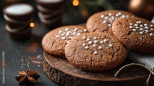 Gingerbread Christmas cookies on platter with towel and string. Dark Grey background. Top view with copy space