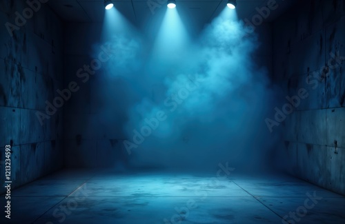 Empty modern room with dark concrete walls, blue spotlights creating dramatic night scene. Blue smoke fills space. Grunge style lighting effect for design template. Great for interior design