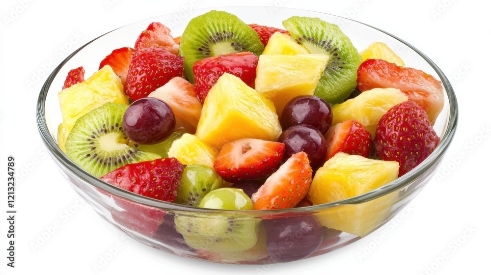 A refreshing bowl of mixed fruit salad with strawberries, kiwi slices, pineapple chunks A refreshing bowl of mixed fruit salad with strawberries, kiwi slices, pineapple chunks