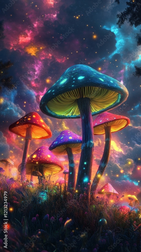 Fototapeta premium Vibrant psychedelic mushroom landscape set against a captivating cosmic galaxy background creating a surreal and mind expanding visual experience The glowing