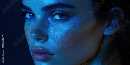 Dramatic Close-Up Portrait: Captivating Model with Freckles and Blue Lighting, Ideal for Fashion and Beauty Projects