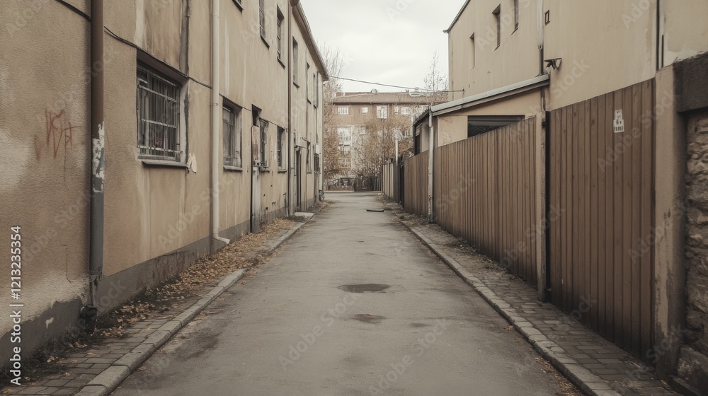 Narrow alleyway between aged buildings on a gloomy day. Narrow alleyway between aged buildings on a gloomy day.