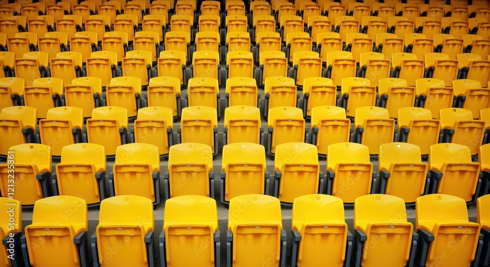 Fototapeta premium Empty stadium seats in yellow form geometric pattern. Sport arena empty. Modern plastic seating. No fans. Empty sections. Concept photo of cultural environment. Public venue. Open air. Outdoor