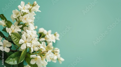  White jasmine flowers on teal background for calming and serene natural design and wellness concepts