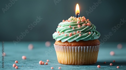 Green cupcake with lit candle on a blue background